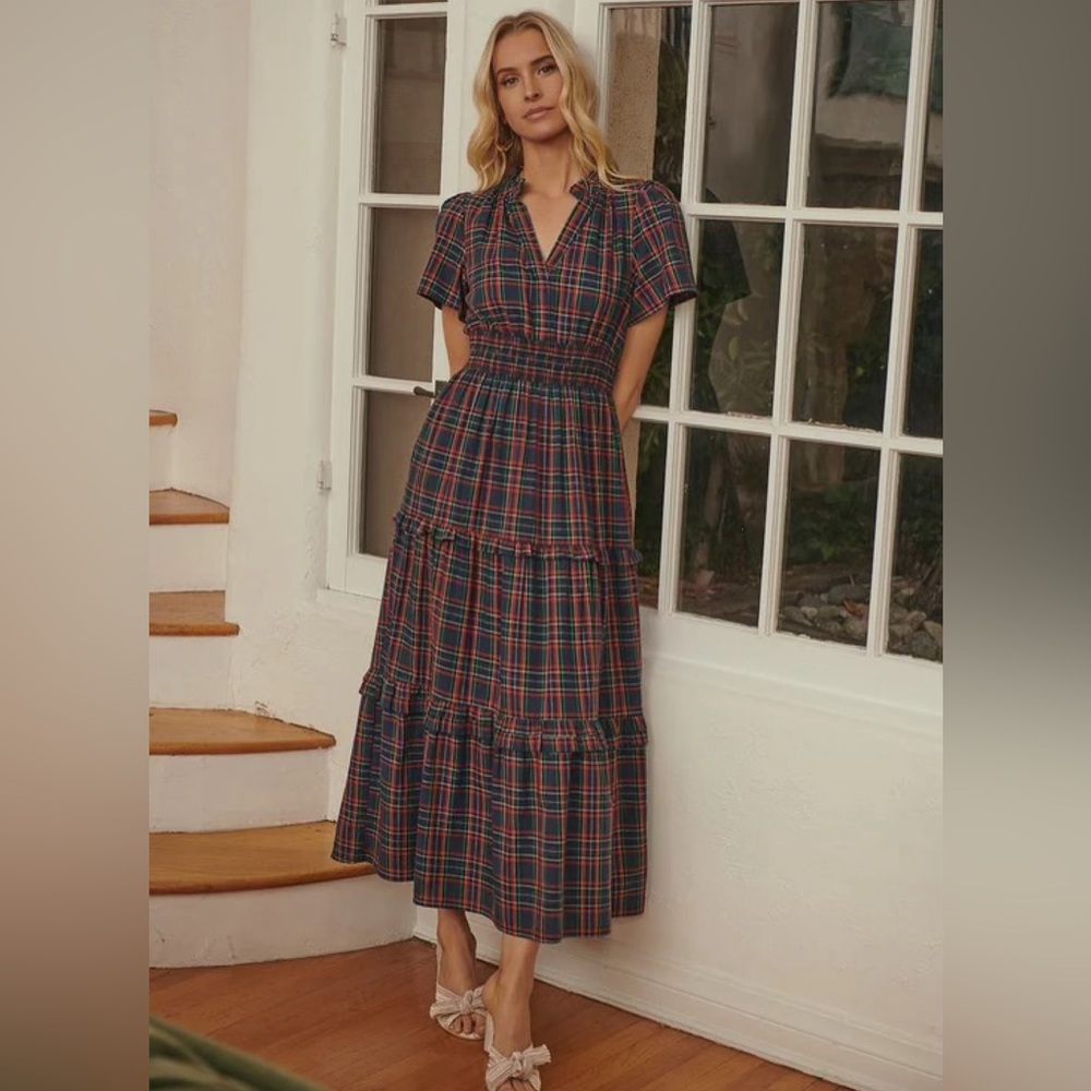 Sugarlips Plaid Tiered Maxi Dress - Navy & Red